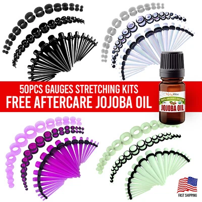 Kit de medidores BodyJ4You 50 piezas estiramiento de oreja cuidado posterior cera de aceite de jojoba 14G-12MM Foto 1 de 4