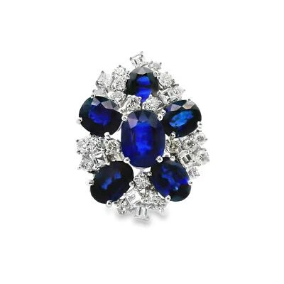 Blue Sapphire Diamond 18k White Gold Cluster Ring - Image 1 of 4