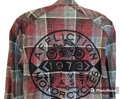 AFFLICTION MOTORS Snap Button Shirt Embroidered Logo Mens Sz MEDIUM Red Distress - Image 1 of 4