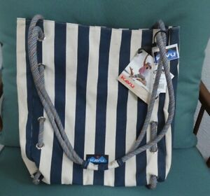 Brand New Kavu Tote Handbag Cotton Canvas Blue and Cream 12" x 14"