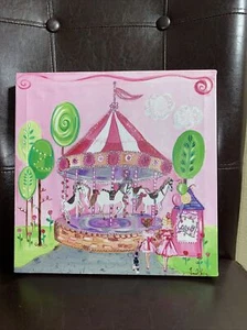 Vintage Water Color Art Print Carousel Canvas In Wood - Picture 1 of 2