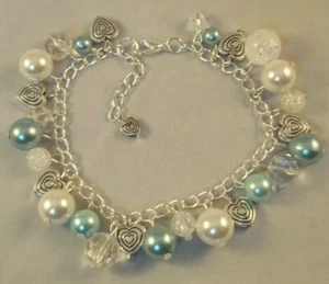 Silver Plated Blue and Ivory Glass Pearl Heart charm bracelet Xmas Gift for Her - Picture 1 of 3