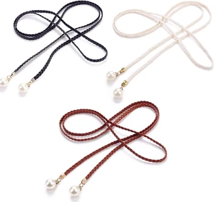 3 Stück Damen Kunstleder Geflochten Fashion Schmal Taillengürtel mit Perle Anhän - Bild 1 von 5