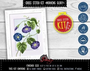 Morning glory flower cross stitch kit Сonvolvulus Blue Beginners embroidery kit - Picture 1 of 9