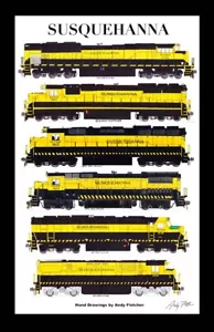 Locomotora amarilla y negra Susquehanna 12""x18"" póster enmarañado firmado por Andy Fletcher - Imagen 1 de 1