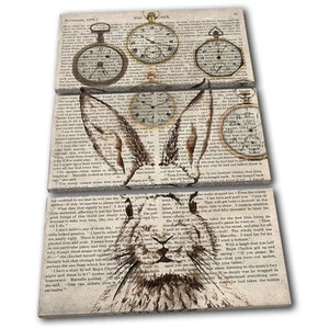 Rabbit Hare Shabby Clocks Old Animals TREBLE TELA parete arte foto stampa - Foto 1 di 1
