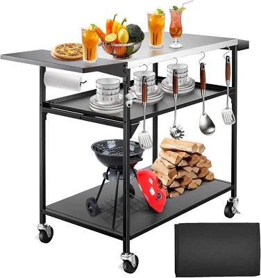 LoJok 3-Shelf Movable Outdoor Grill Dining Cart with Side Table - Plate Style - Image 1 of 4