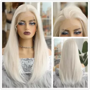Frontal Lace Wig Platinum blonde Long Straight Women Synthetic Hair - Picture 1 of 9