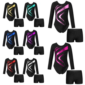 Kids Girls Gymnastics Set Performance Competition Leotard With Shorts Sets Yoga - Picture 1 of 61
