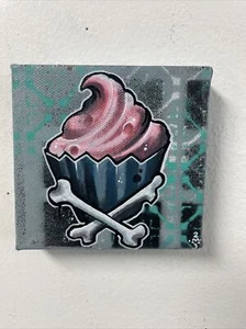 Cupcake And Crossbones Original Painting graffiti Art Tattoo Art Outsider - Picture 1 of 8