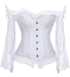 Renaissance Princess Overbust Off-Shoulder White Satin and Lace Corset Blouse - Picture 1 of 6
