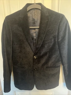 Blazer Tallia Boys Negro Terciopelo Patrón Paisley Mono Pecho Talla 12 R Foto 1 de 4