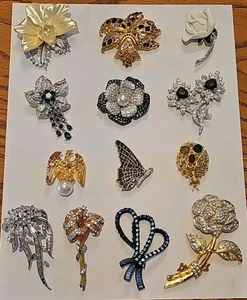 13pc Floral/Figural Jewelry Pin Brooch Lot KJL & NM AUCTION 4 REPAIR 4 - Picture 1 of 24