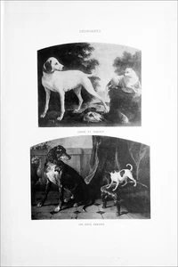 HUND und REBHUHN + DIE ZWEI FEINDE (von Desportes) - Kunststich aus dem 19. Jahrhundert - Bild 1 von 3