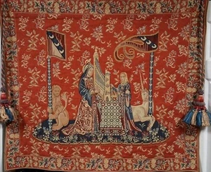 French Tapestry La Dame a la Orgue "Lady And The Unicorn" Vintage 37.4x43.3 - Picture 1 of 11