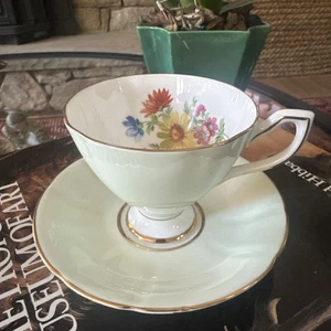 Taylor & Kent Teacup & Saucer Pale Blue Floral Gold Gilt Bone China - Picture 1 of 9