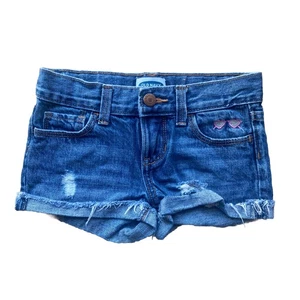 Old Navy Mädchen Distressed Denim Shorts Größe 5 Knopfleiste Regenbogen Herzen - Bild 1 von 6