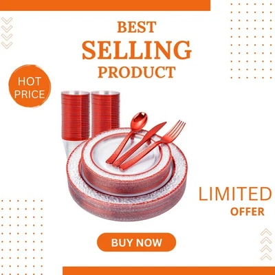 优雅 150 件套红色边缘餐具套装 - 适合婚礼和圣诞节 — 第 1/4 张图片