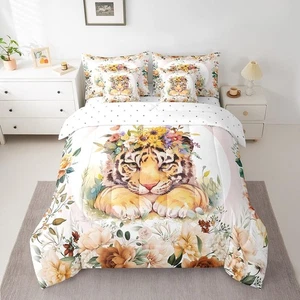 Cute Tiger Comforter Set Queen 7 Pcs Cartoon Animal Bedding Set Flower Floral... - Picture 1 of 6