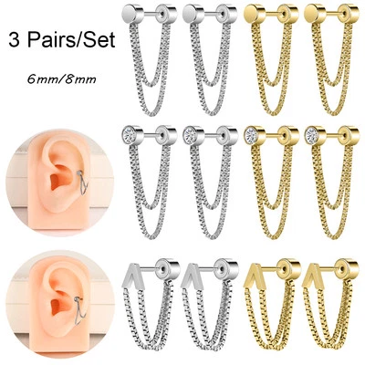 3 pares/conjunto de brincos de aço inoxidável 18 g com corrente hélice piercing joias - Imagem 1 de 4
