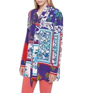 Escada Sport Printed Silk Blend Blouse Blue Floral Neck Tie Button Front Size 38 - Picture 1 of 10