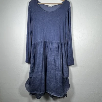 Un Coeur En Ete Dress Boho Lagenlook Womens SZ 42 Medium Blue Lace Trim Italy - Image 1 of 4