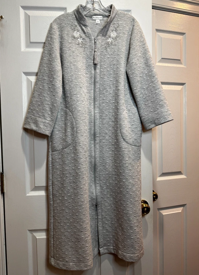 Miss Elaine Zip Up Robe Embroidered Gray Tassel Housecoat Quilted Cottage Cozy M - Image 1 of 4