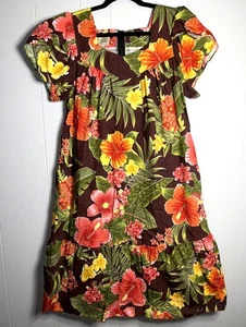 Vintage Royal Hawaiian Creations braun tropisch Blumen MuuMuu Mumu Taschen Kleid L - Bild 1 von 8