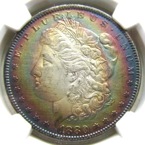 1880-O Morgan Dollar $1 Rainbow Toning NGC AU Details~Cleaned - Picture 1 of 4