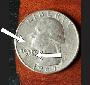 1967 Quarter No Mint Mark With Unique Error Obverse 'Wing' Indent & 'P' By 'T' - Picture 1 of 6