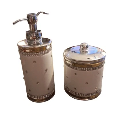 Bella Lux Bathroom Ceramic White Bling Soap Pump  Cottonball/Qtip Holder READ  - Image 1 of 4