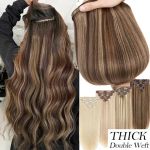 Double Wefted Thick Clip In Wavy Straight Remy Human Hair Extensions Full Head - Picture 1 of 55