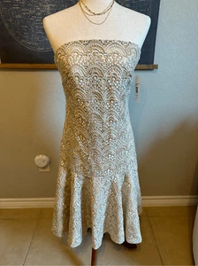 NWT Y2K Badgley Mishcka Strapless Lace Ivory Gold Midi Dress Women Size 6 SC1280 - Picture 1 of 16