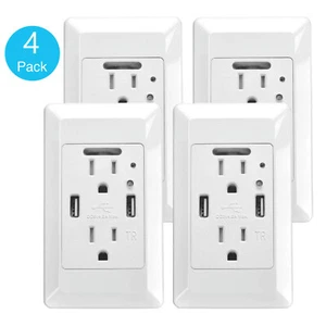 LED Night Lights Wall USB Outlet Charger Tamper Resistant Receptacle Plug 4 Pack - Picture 1 of 12