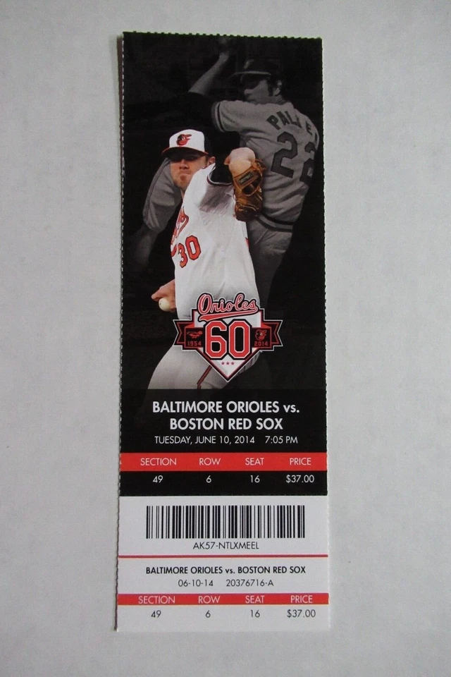 Boleto completo Baltimore Orioles vs Boston Red Sox 10/06/2014 ~ Chris Tillman Foto 1 de 1