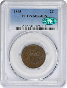 1865 Two Cent Piece MS64BN PCGS (CAC) - Picture 1 of 2