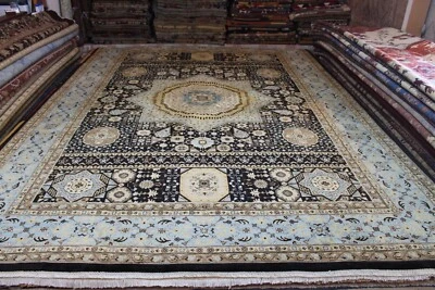 9x12 ft. Fine Quality Handmade Rug, Black Background turquoise Light Blue Color - Image 1 of 4