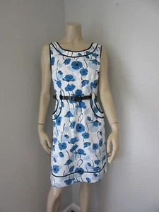 PETITE SOPHISTICATE Blue Floral Lined 12P Sleeveless Belted Knee Length BR32 - Picture 1 of 4