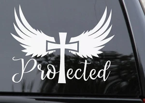 Religious Protected By the Cross Angel Wing Christian Jesus Decal Sticker - Picture 1 of 2
