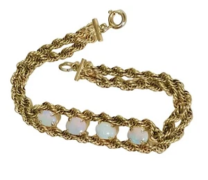 Vintage 12k Yellow Gold Filled Natural Opal Link Bracelet Double Rope 7.5” - Picture 1 of 14