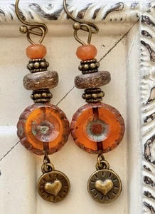 Etched Bronze and Fiery Orange Picasso Bead Dangle Earrings. - Picture 1 of 4