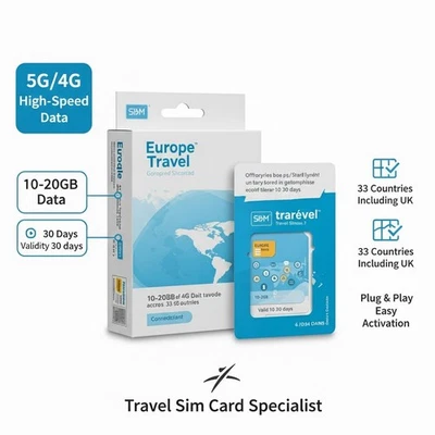 Europe Travel SIM Card 5G/4G UK + 32 Countries 10-20GB Data 10-30 Days | Prepaid - Image 1 of 4
