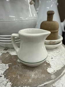 Vintage White Restaurant Ware Creamer Green Striped 2-1/4 Tall - Picture 1 of 11