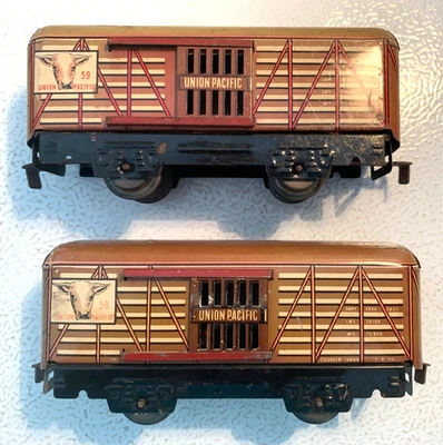 Lot X of 2 Marx O Gauge Union Pacific #59 6” 4 wheel Stock Cars - Image 1 of 4
