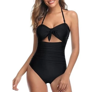 NEW Tempt Me Halter Cut Out Tie Front Ruched One Piece Swimsuit Black M Coverage - Picture 1 of 11
