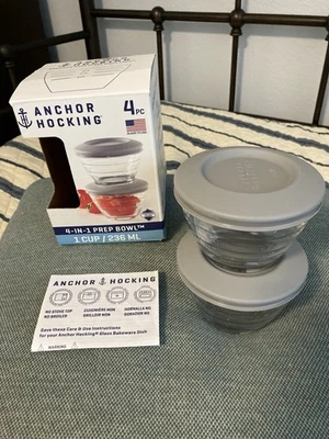 Anchor Hocking Set Of 2 Glass 1 Cup Prep Bowls With Lids New NIB Made In USA - Image 1 of 4