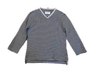 Thom Browne Stripe V Neck Tee Small Black Gray 3/4 Sleeve T- Shirt Top Varsity - Picture 1 of 6