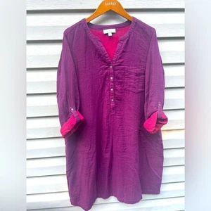 Purejill size XL waffle gauze organic cotton contrast roll cuff dress Lagenlook - Picture 1 of 4