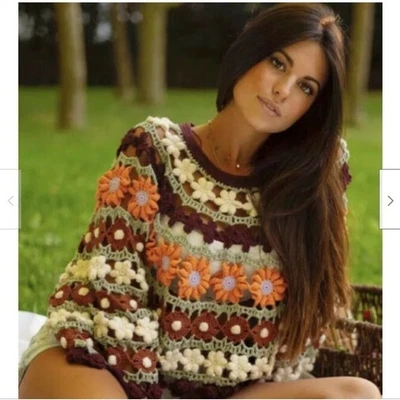 ZARA Womens Sweater Top M Knit Flower Crochet Multi Color Bloggers Runway - Image 1 of 4
