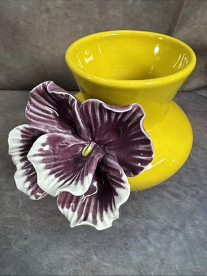 5" Ceramic Anthropology Bright Yellow Vase with Applied Purple Pansy Flower 8/2 - Image 1 of 4